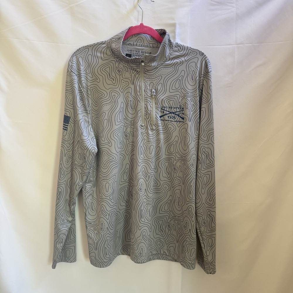 Grunt Style Pullover Mens L Grey Blue Topographic 1/4 Zip Tactical Activewear